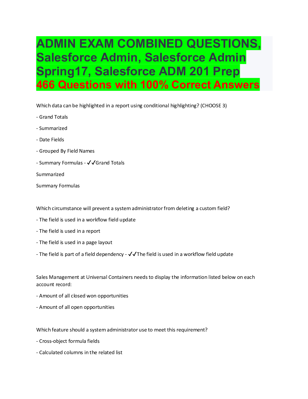 Preview of ADMIN EXAM COMBINED QUESTIONS, Salesforce Admin, Salesforce Admin Spring17, Salesforce ADM